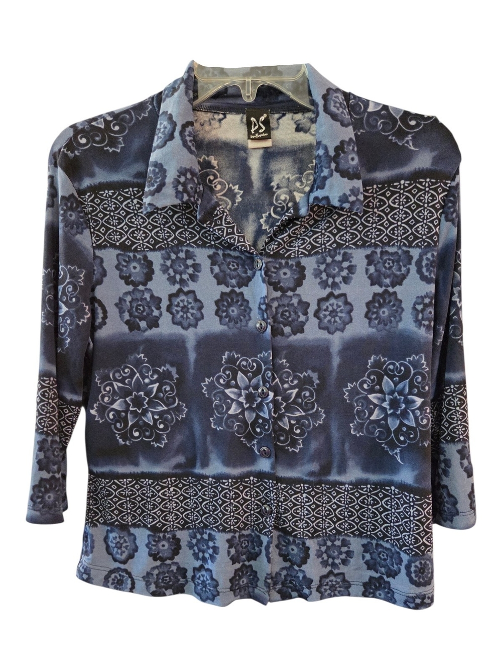 Vintage Perseption Blue Floral  Geometric Pattern Stretch Button-Down Shirt-Sz L